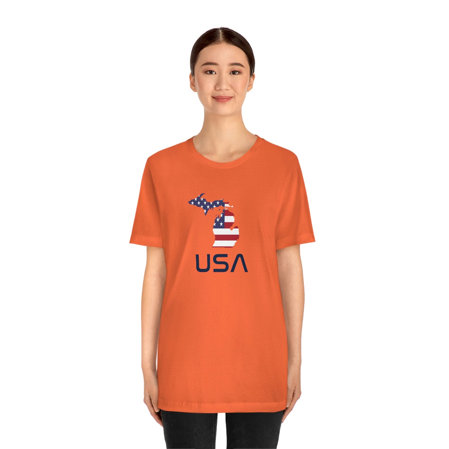 Michigan 'USA' T-Shirt (Space Agency Font w/ MI USA Flag Outline) | Unisex Standard Fit