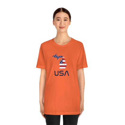 Michigan 'USA' T-Shirt (Space Agency Font w/ MI USA Flag Outline) | Unisex Standard Fit