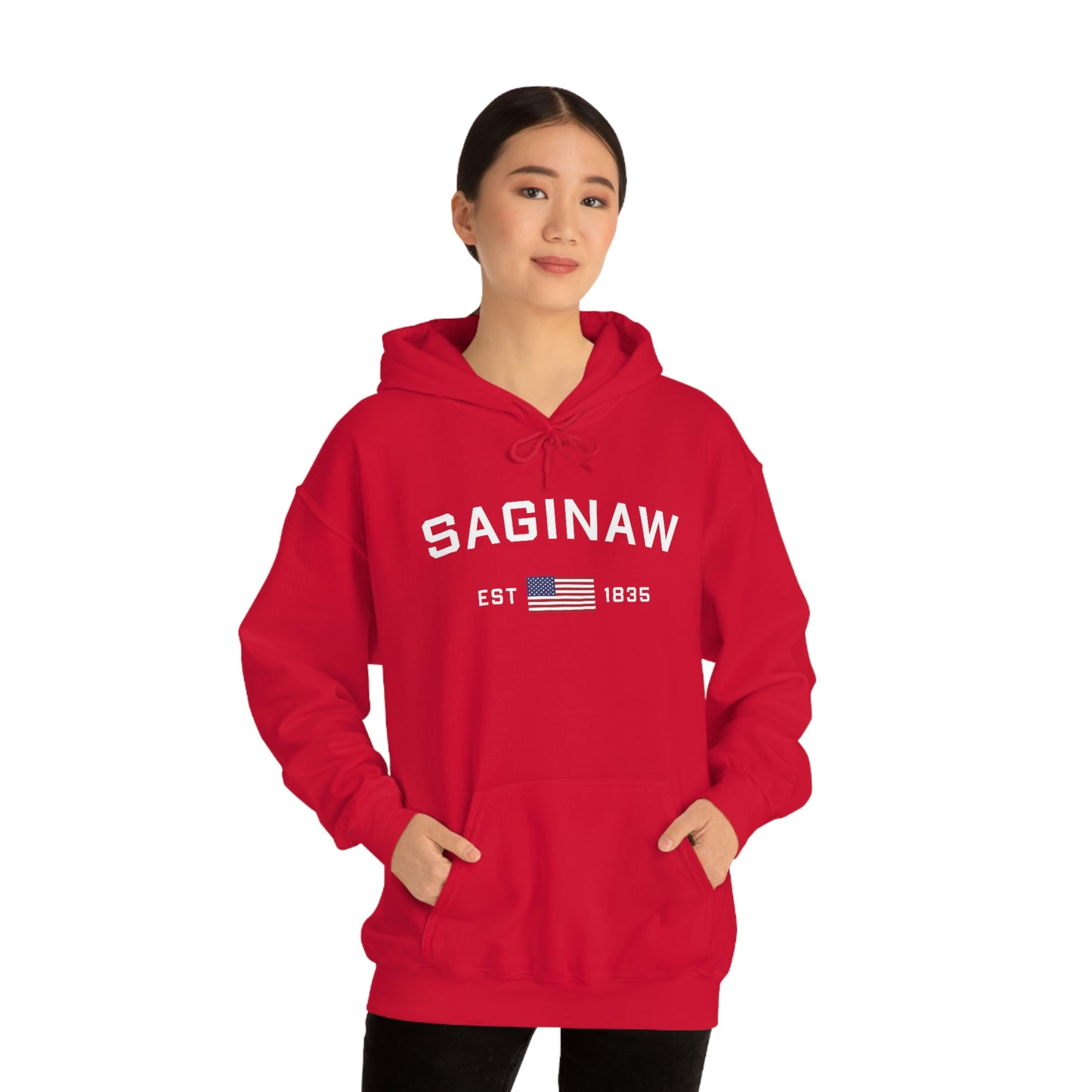 'Saginaw EST 1835' Hoodie (w/USA Flag Outline) | Unisex Standard