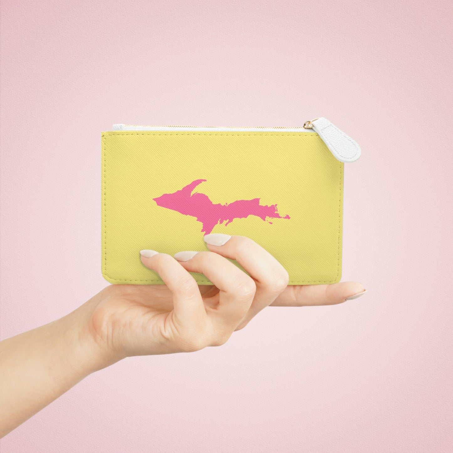 Michigan Upper Peninsula Mini Clutch Bag (Yellow Cherry Color w/ Pink UP Outline)