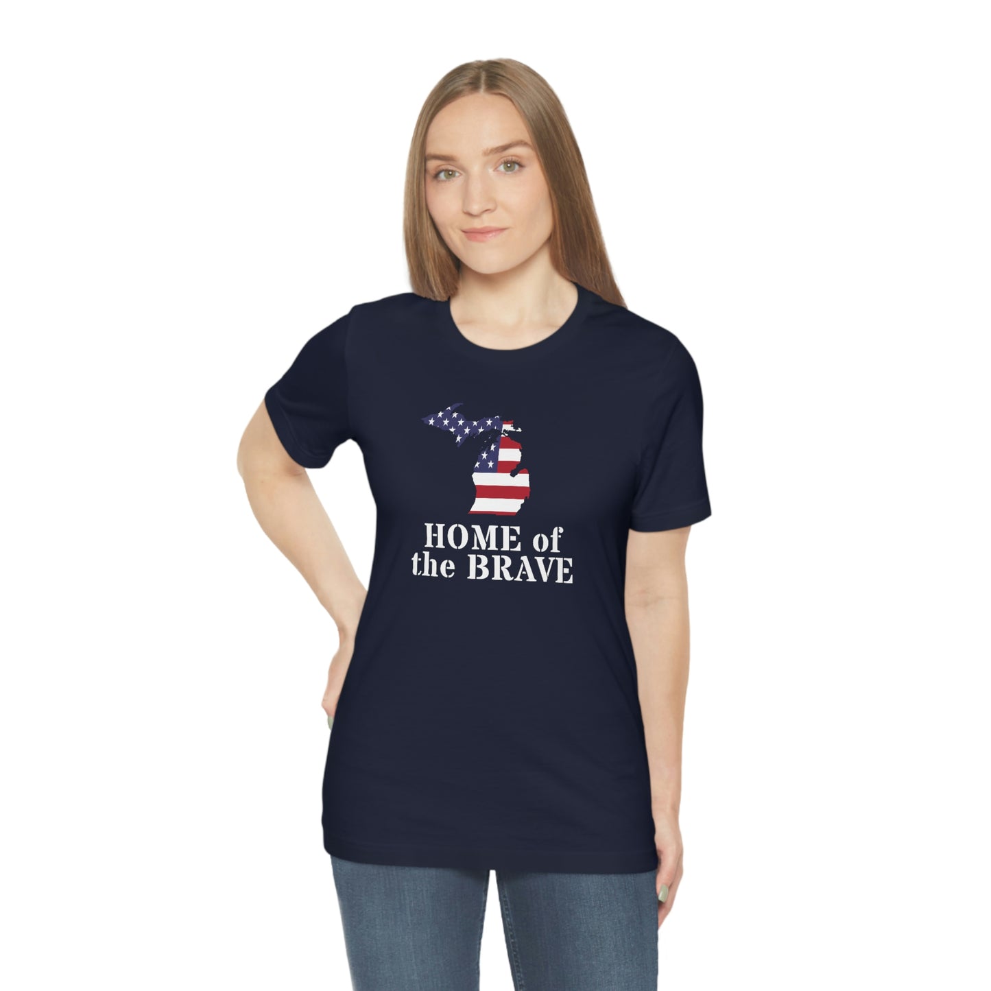 Michigan 'Home of the Brave' T-Shirt (Army Stencil Font w/ MI USA Outline) | Unisex Standard Fit