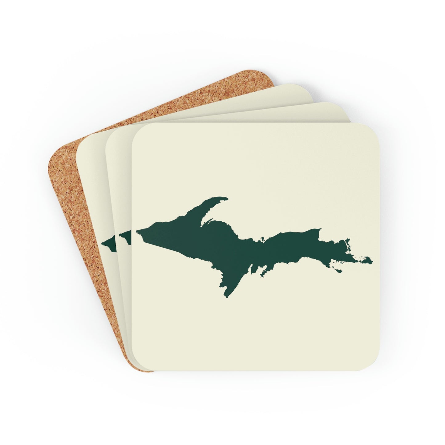 Michigan Upper Peninsula Coaster Set (Ivory w/ Green UP Outline) | Corkwood - 4 pack