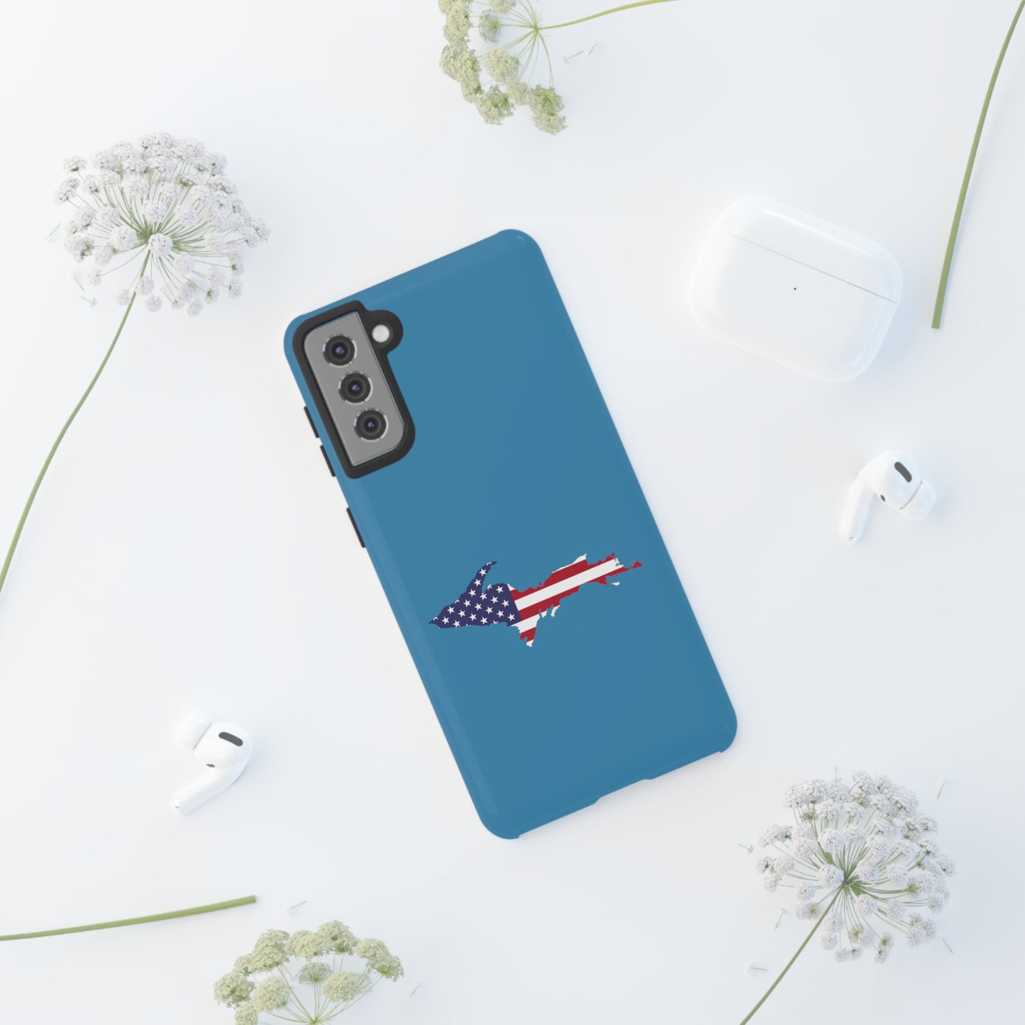 Michigan Upper Peninsula Tough Phone Case (Lake Michigan Blue w/ UP USA Flag Outline) | Samsung & Pixel Android