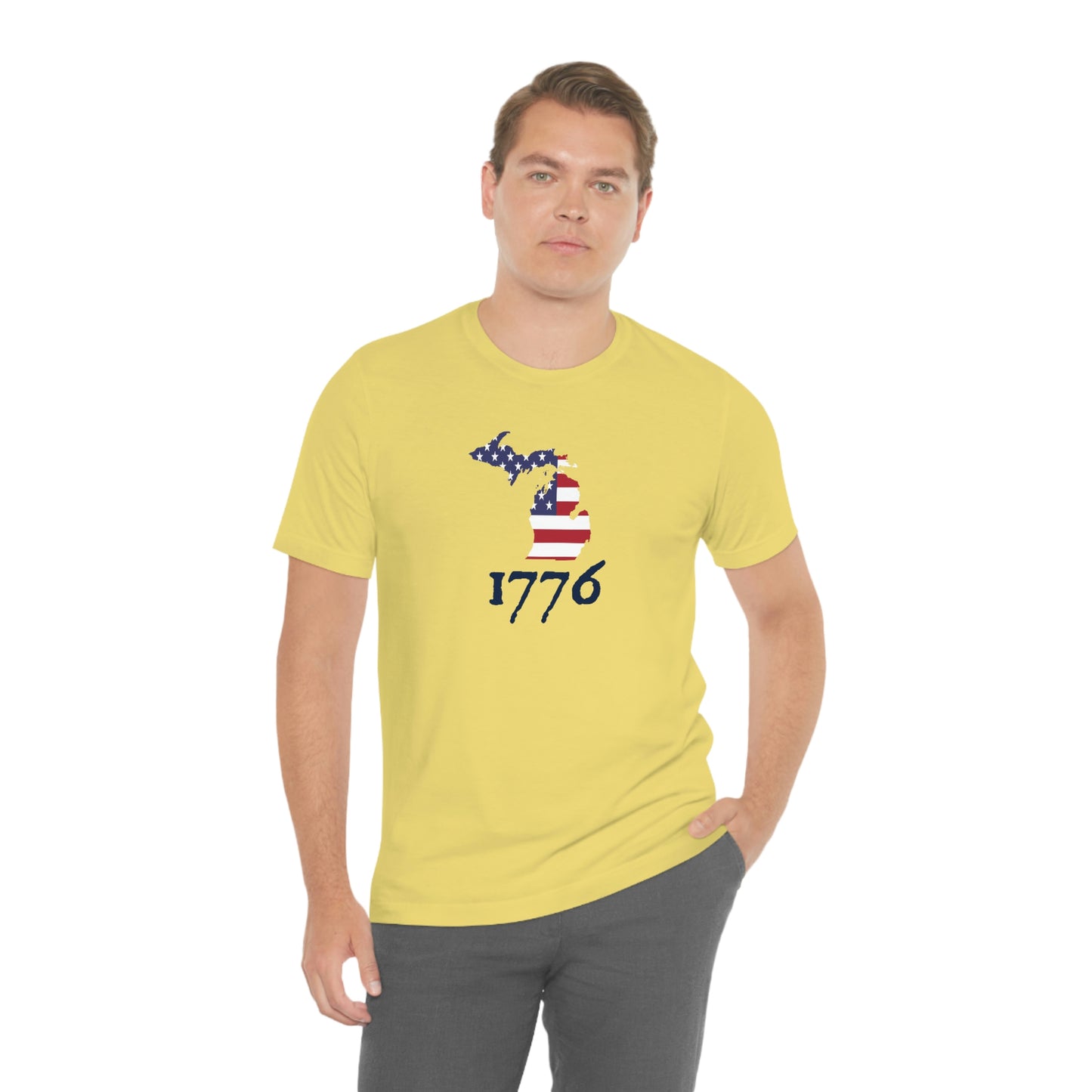 Michigan '1776' T-Shirt (Patriot Font w/ MI USA Flag Outline) | Unisex Standard Fit