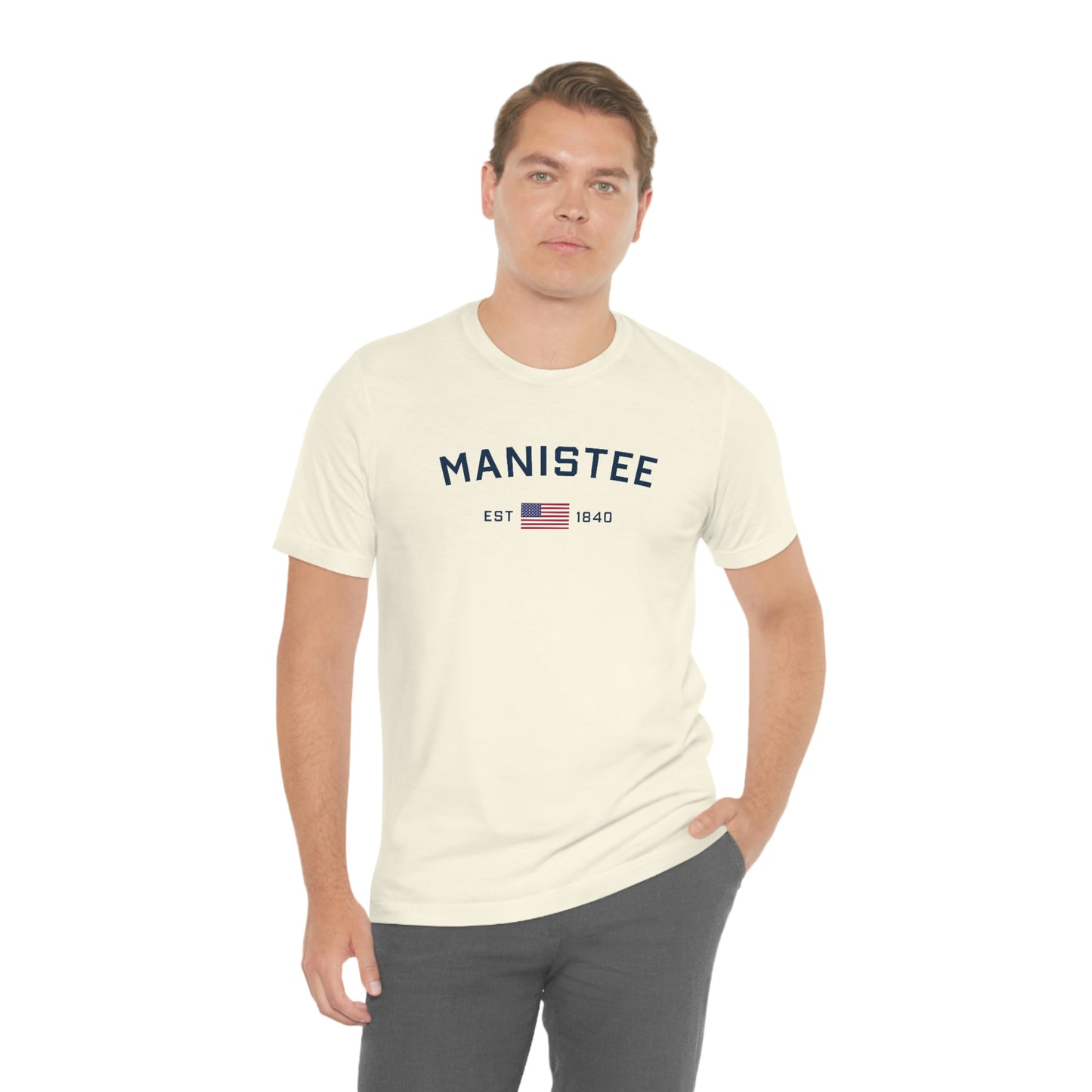 'Manistee EST 1840' T-Shirt (w/USA Flag Outline) | Unisex Standard Fit