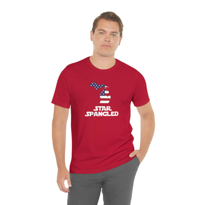 Michigan 'Star Spangled' T-Shirt (Epic Sci Fi Font w/ MI USA Flag Outline) | Unisex Standard Fit