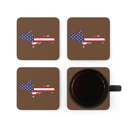 Michigan Upper Peninsula Coaster Set (Coffee Brown w/ UP USA Flag Outline) | Corkwood - 4 pack