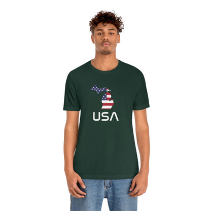 Michigan 'USA' T-Shirt (Space Agency Font w/ MI USA Flag Outline) | Unisex Standard Fit