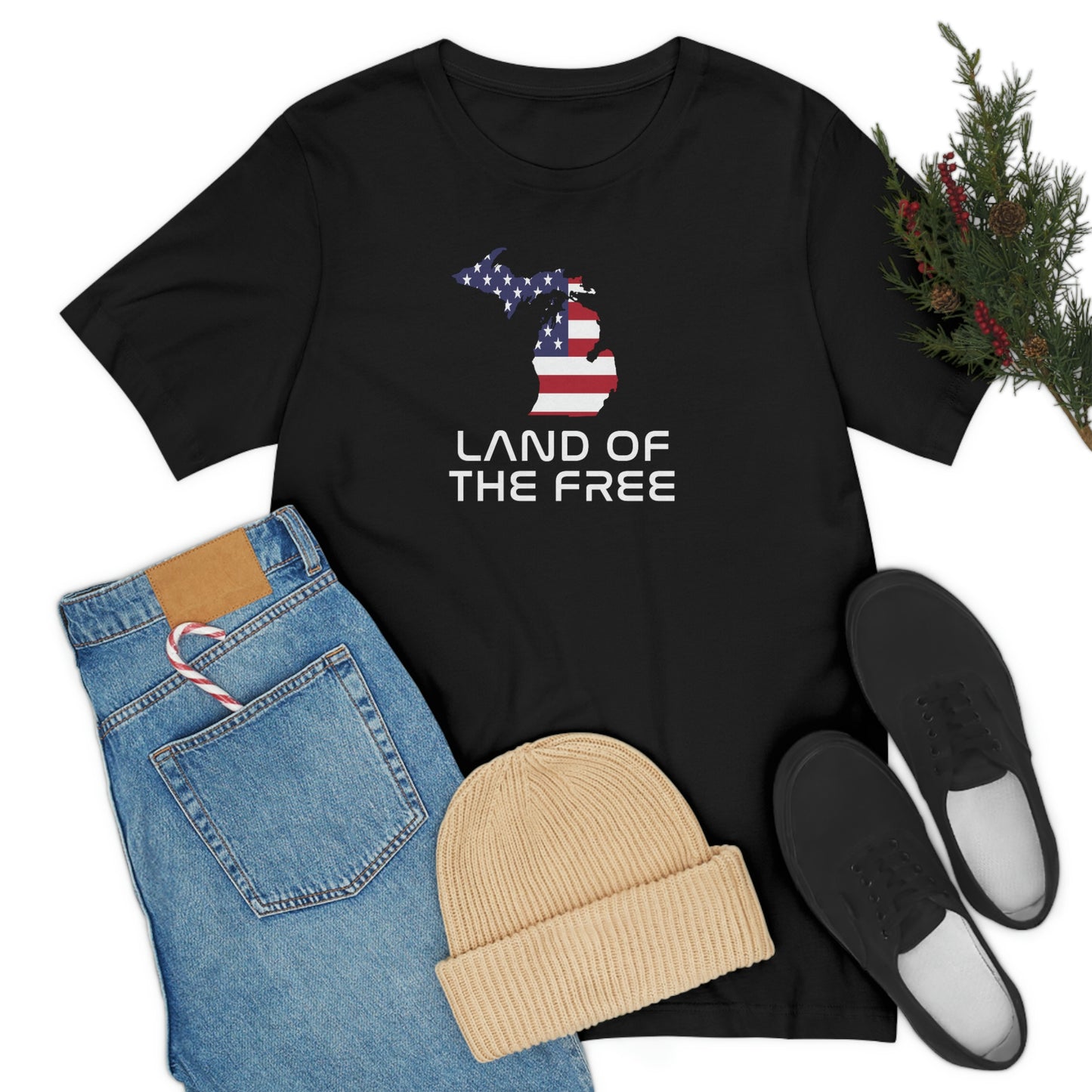 Michigan 'Land of the Free' T-Shirt (Space Agency Font w/ MI USA Flag Outline) | Unisex Standard Fit