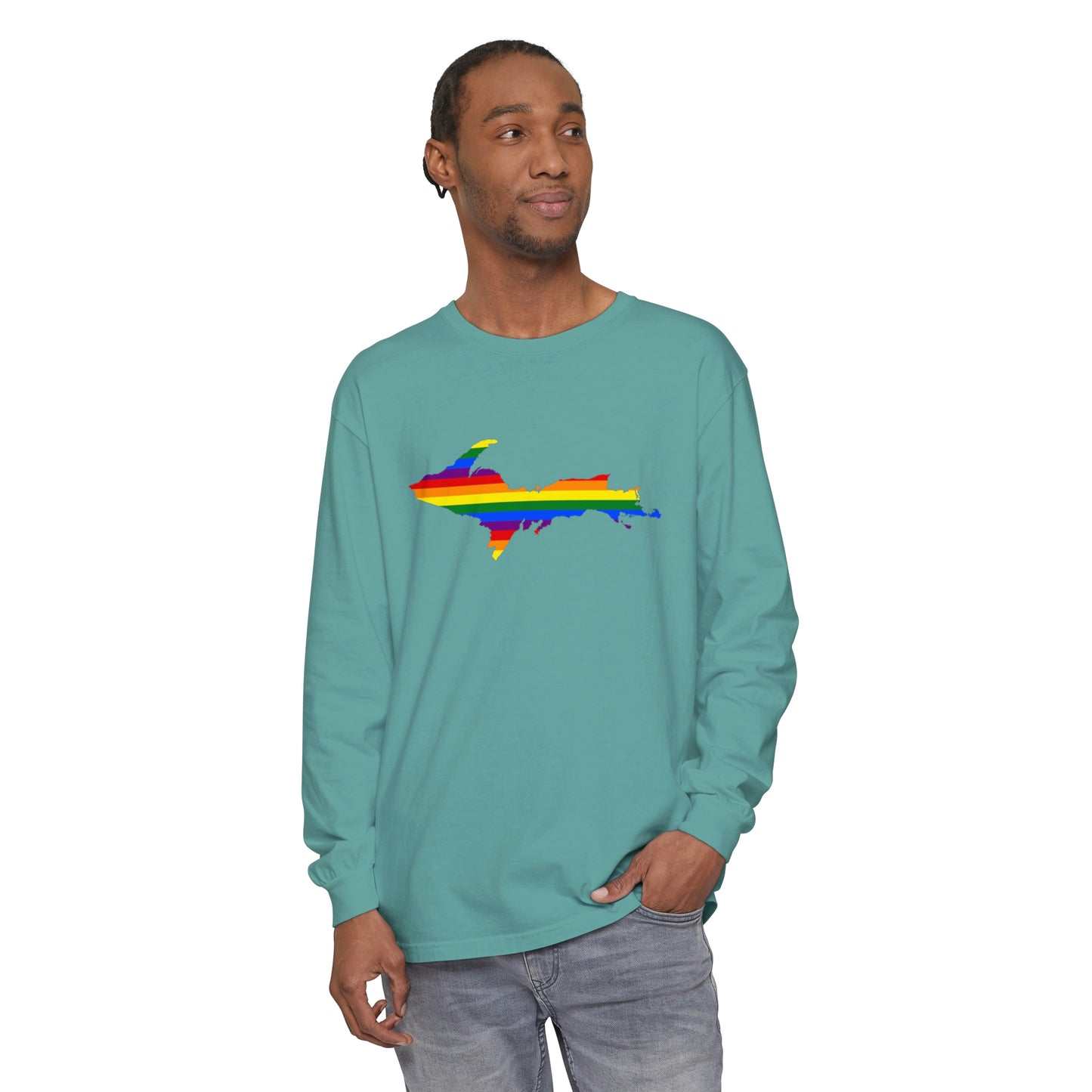 Michigan Upper Peninsula Garment-Dyed T-Shirt (w/ UP Pride Flag Outline) | Unisex Long Sleeve