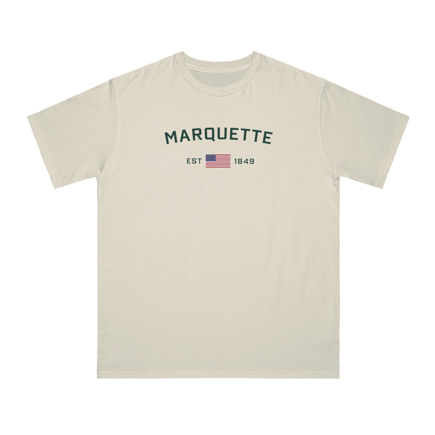 'Marquette EST 1849' T-Shirt (Green/Gold Type w/ USA Flag | Organic Unisex