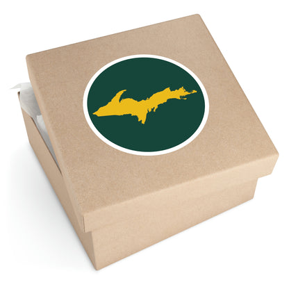 Michigan Upper Peninsula Round Stickers (Green w/ Gold UP Outline) | Indoor\Outdoor