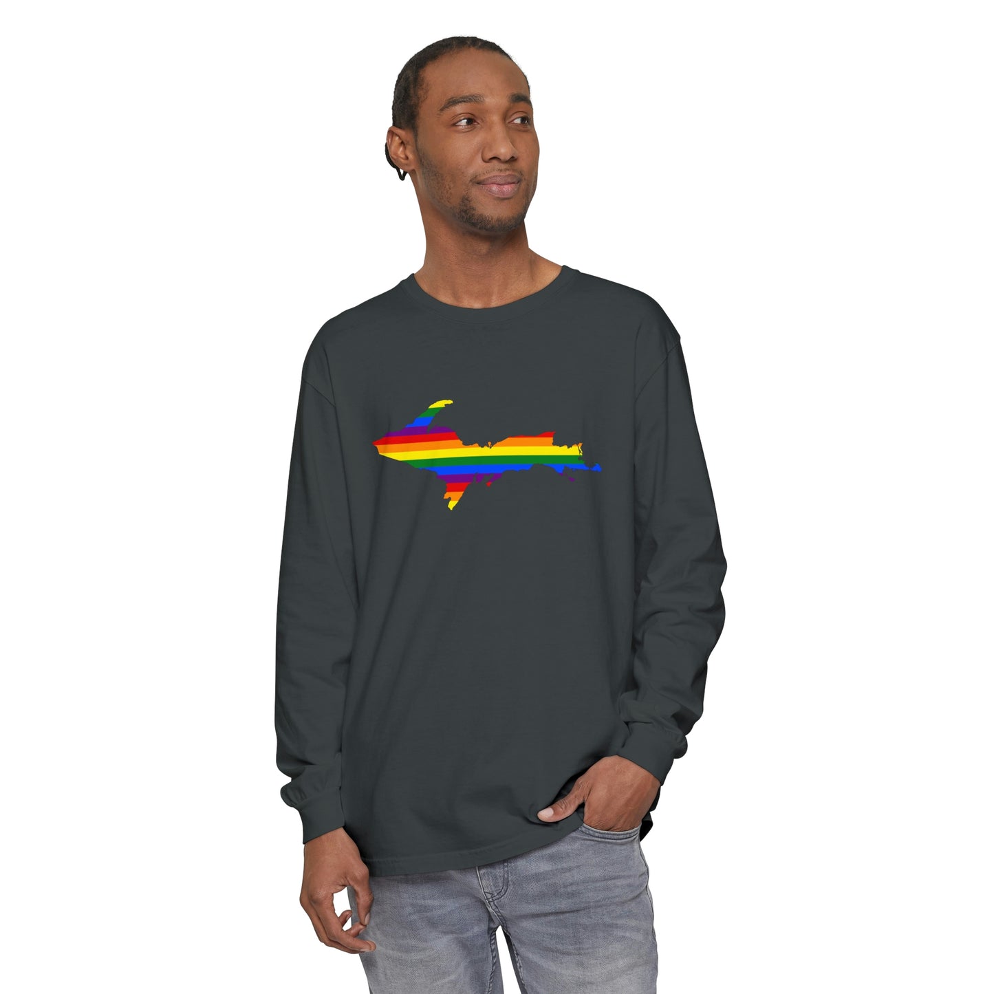 Michigan Upper Peninsula Garment-Dyed T-Shirt (w/ UP Pride Flag Outline) | Unisex Long Sleeve