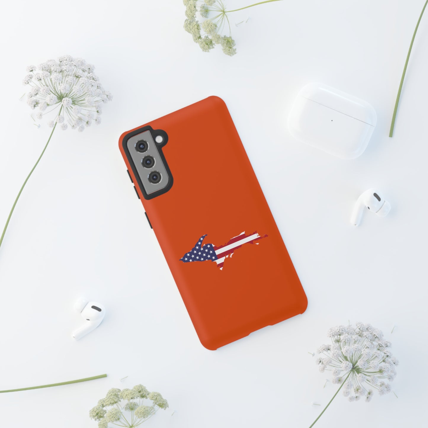 Michigan Upper Peninsula Tough Phone Case (Maple Leaf Orange w/ UP USA Flag Outline) | Samsung & Pixel Android