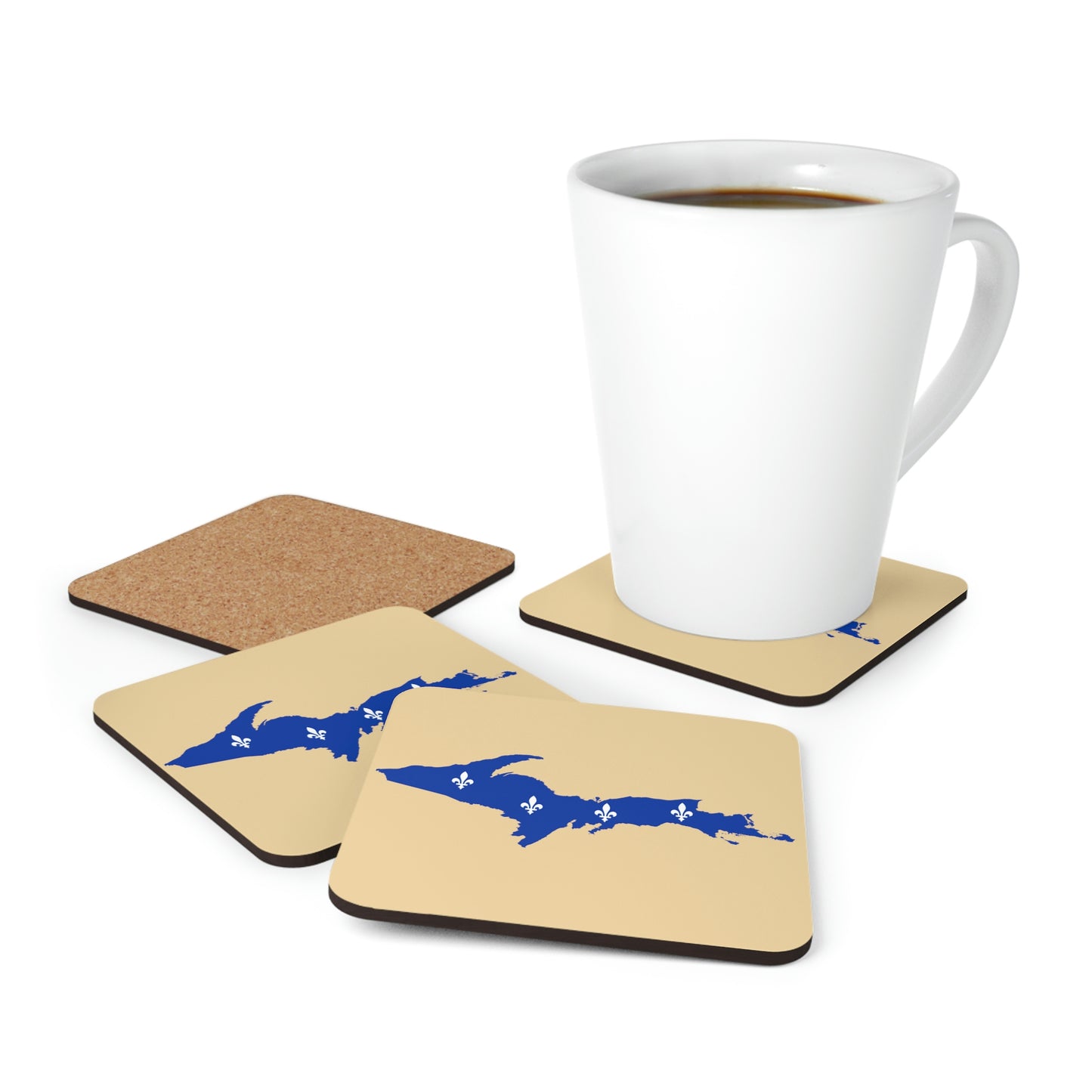 Michigan Upper Peninsula Coaster Set (Maple Color w/ UP Quebec Flag Outline) | Corkwood - 4 pack