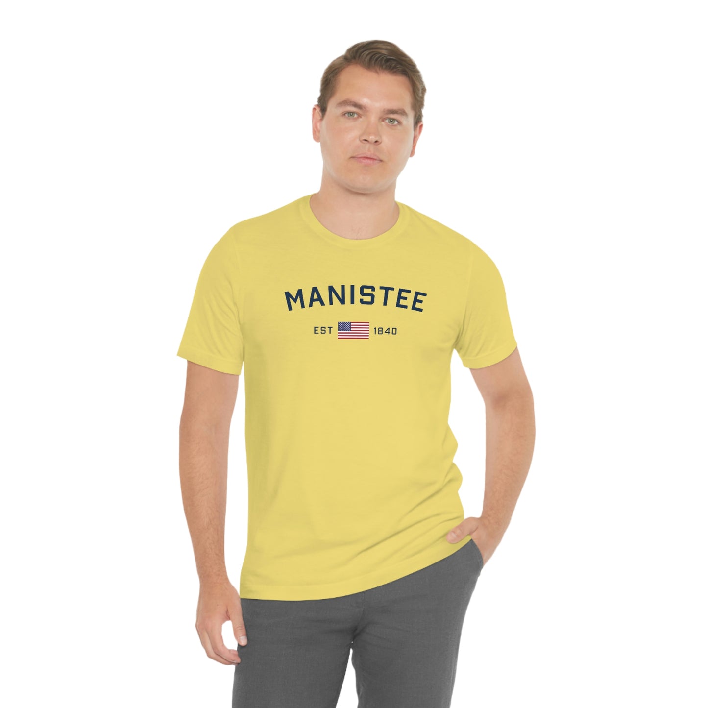 'Manistee EST 1840' T-Shirt (w/USA Flag Outline) | Unisex Standard Fit