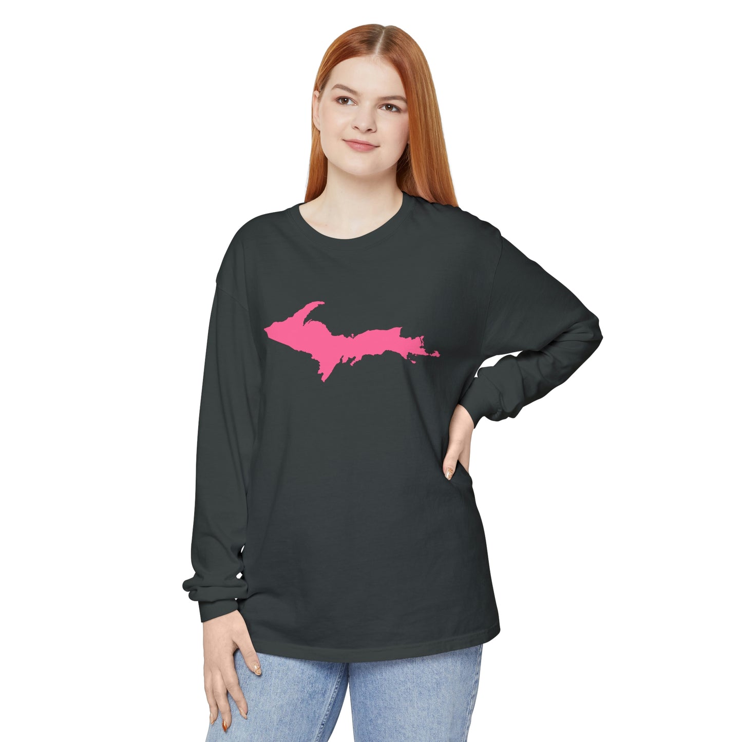 Michigan Upper Peninsula Garment-Dyed T-Shirt (w/ Pink UP Outline) | Unisex Long Sleeve