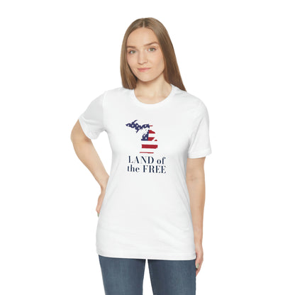 Michigan 'Land of the Free' T-Shirt (Didone Font w/ MI USA Flag Outline) | Unisex Standard Fit