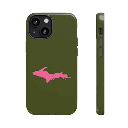 Michigan Upper Peninsula Tough Phone Case (Army Green w/ Pink UP Outline) | Apple iPhone