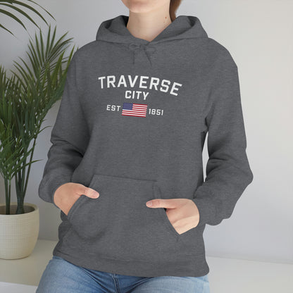 'Traverse City EST 1851' Hoodie (w/USA Flag Outline) | Unisex Standard