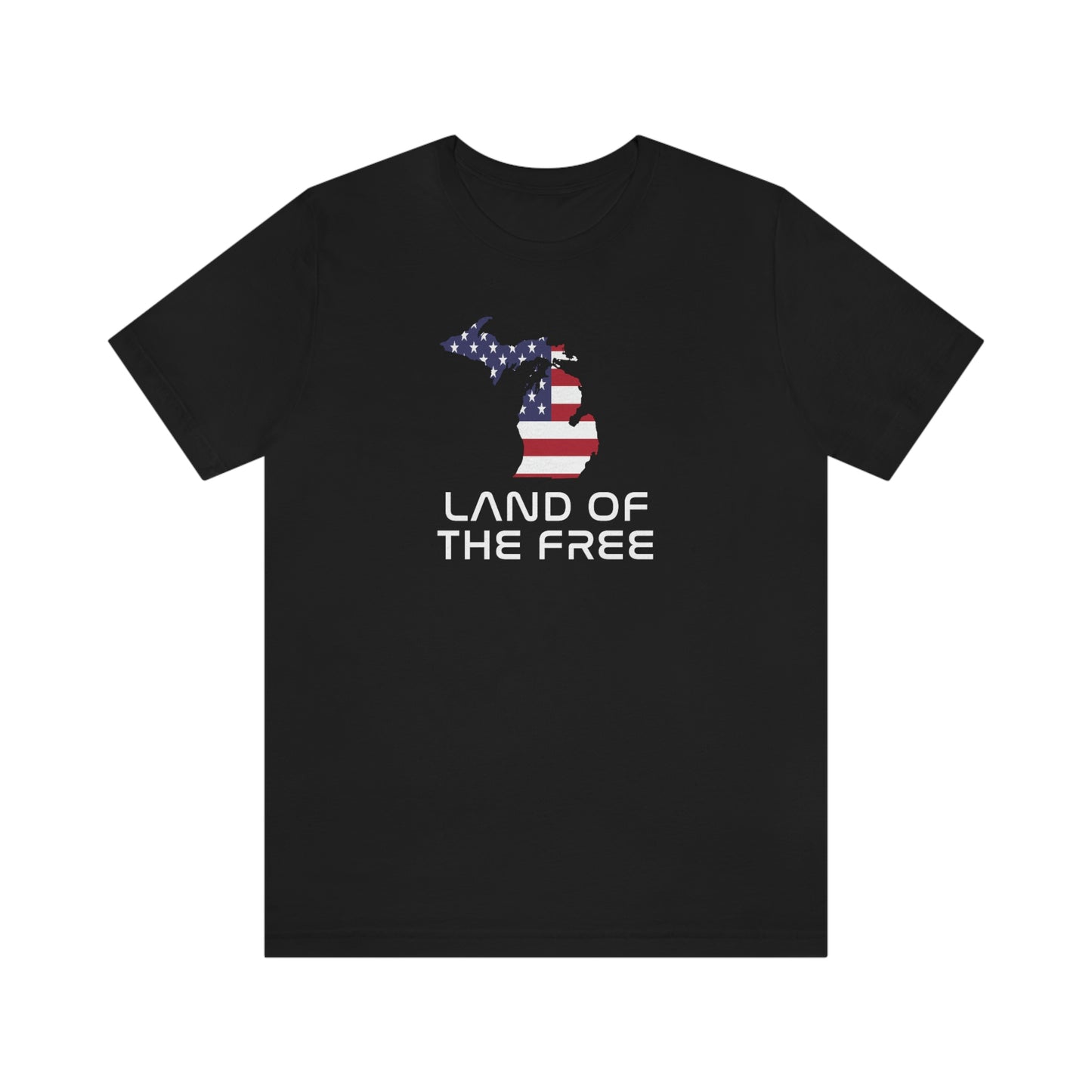 Michigan 'Land of the Free' T-Shirt (Space Agency Font w/ MI USA Flag Outline) | Unisex Standard Fit