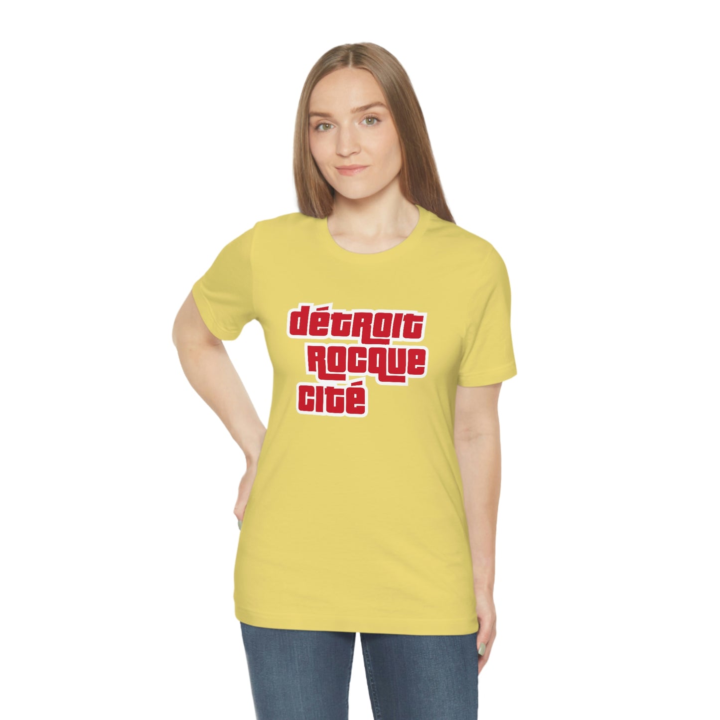 'Détroit Rocque Cité' T-Shirt (Red/White Automotive Crime Parody) | Unisex Standard Fit