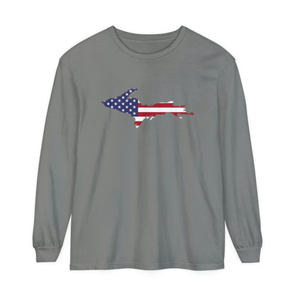 Michigan Upper Peninsula Garment-Dyed T-Shirt (w/ UP USA Flag Outline) | Unisex Long Sleeve