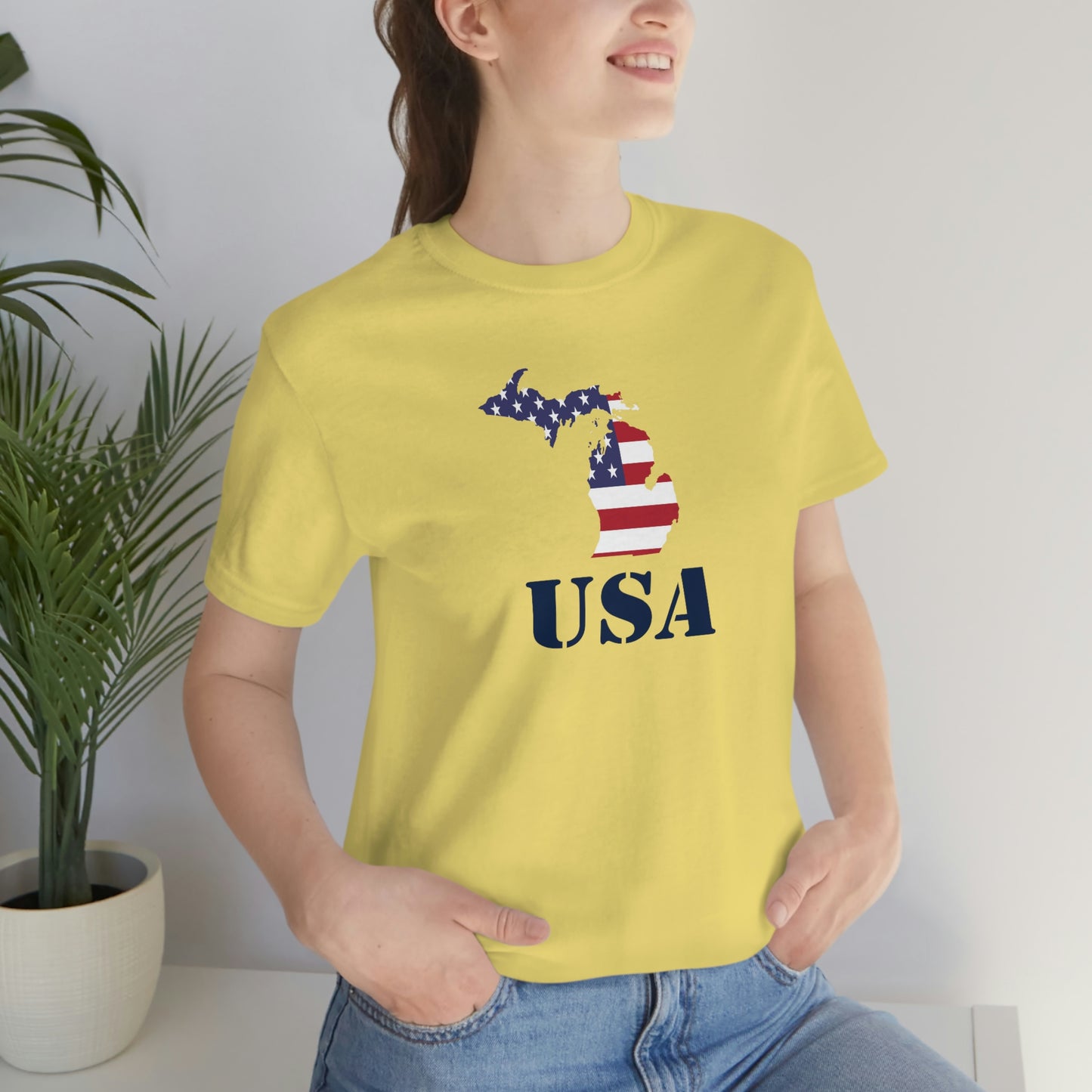 Michigan 'USA' T-Shirt (Army Stencil Font w/ MI USA Flag Outline) | Unisex Standard Fit