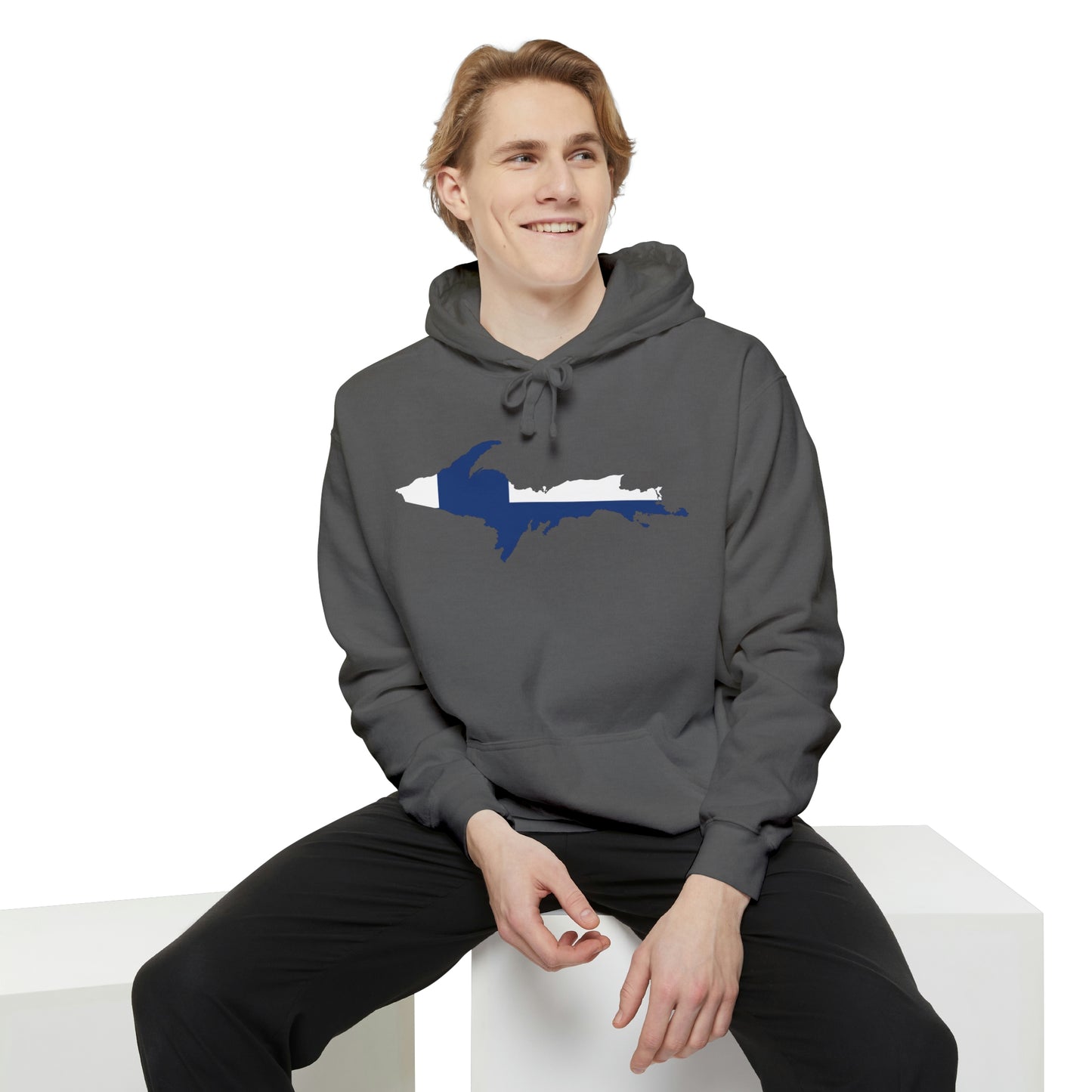 Michigan Upper Peninsula Hoodie (w/ UP Finland Flag Outline) | Unisex Garment-Dyed