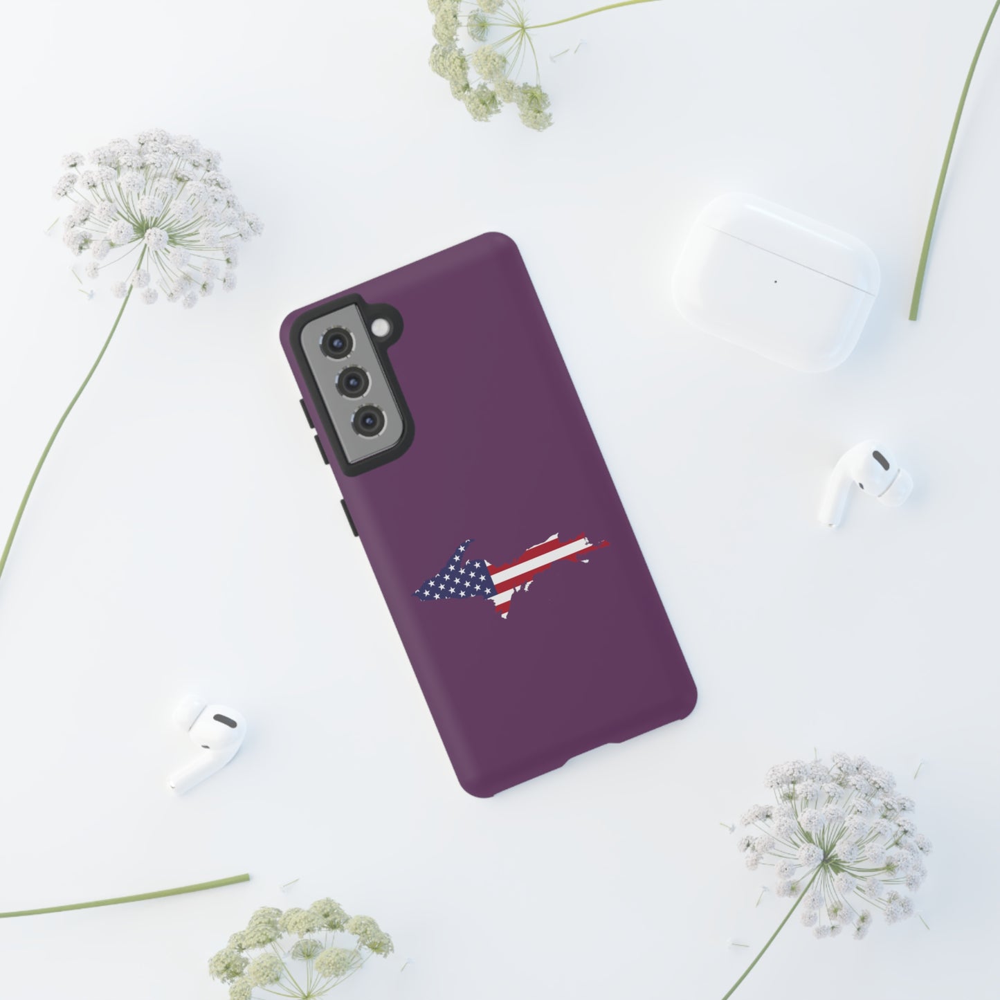 Michigan Upper Peninsula Tough Phone Case (Plum w/ UP USA Flag Outline) | Samsung & Pixel Android