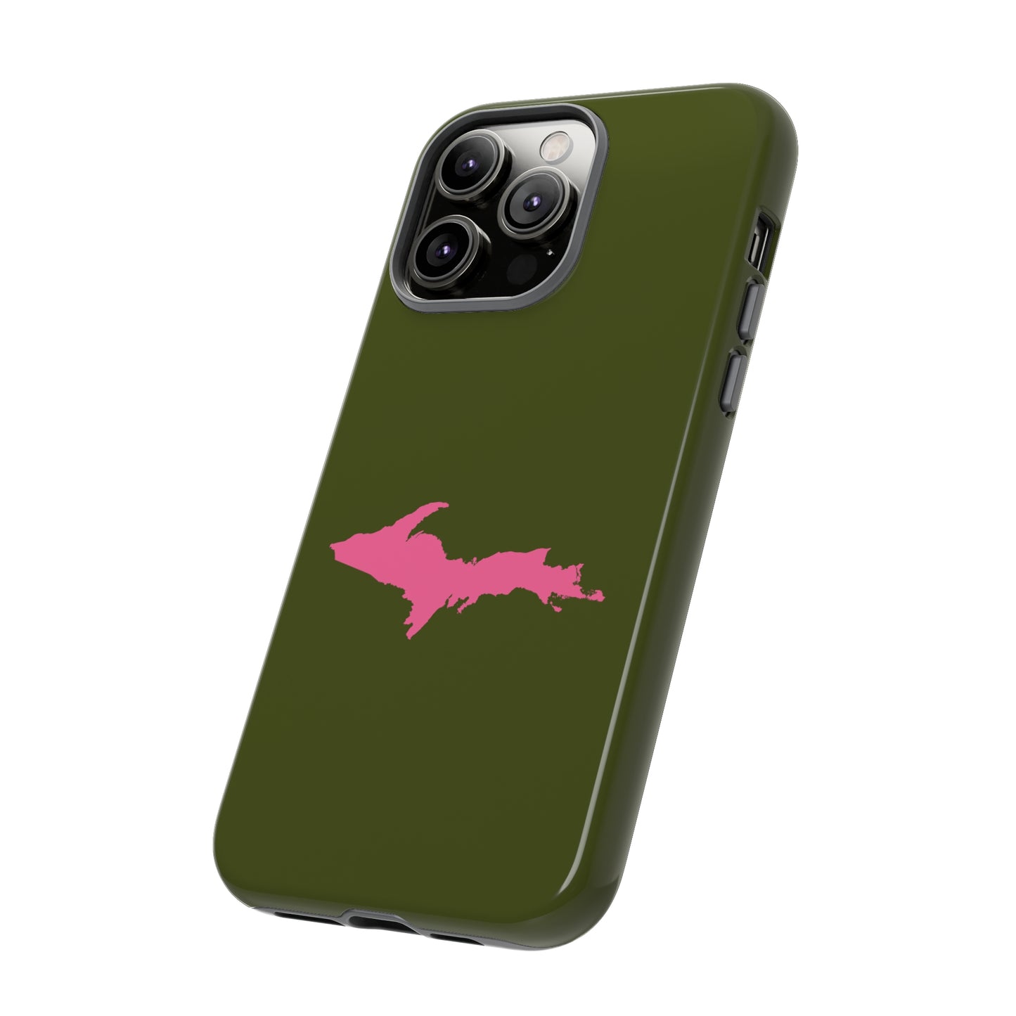 Michigan Upper Peninsula Tough Phone Case (Army Green w/ Pink UP Outline) | Apple iPhone