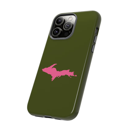 Michigan Upper Peninsula Tough Phone Case (Army Green w/ Pink UP Outline) | Apple iPhone