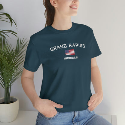 'Grand Rapids Michigan' T-Shirt (w/USA Flag Outline) | Unisex Standard Fit