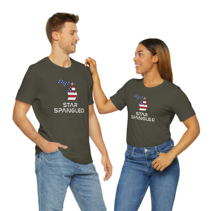 Michigan 'Star Spangled' T-Shirt (Space Agency Font w/ MI USA Flag Outline) | Unisex Standard Fit