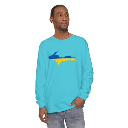 Michigan Upper Peninsula Garment-Dyed T-Shirt (w/ UP Ukraine Flag Outline) | Unisex Long Sleeve