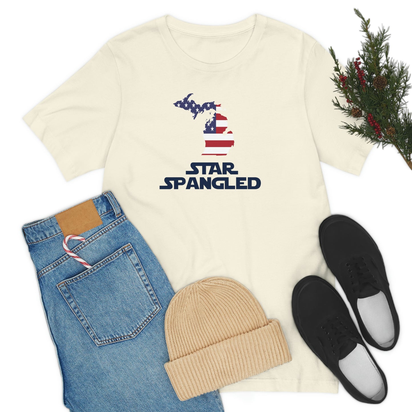 Michigan 'Star Spangled' T-Shirt (Epic Sci Fi Font w/ MI USA Flag Outline) | Unisex Standard Fit