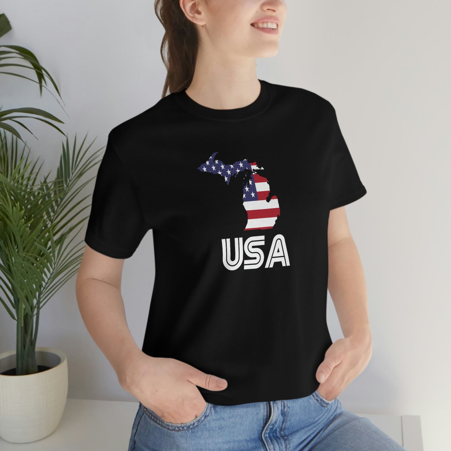 Michigan 'USA' T-Shirt (Audiophile Font w/ MI USA Flag Outline) | Unisex Standard Fit