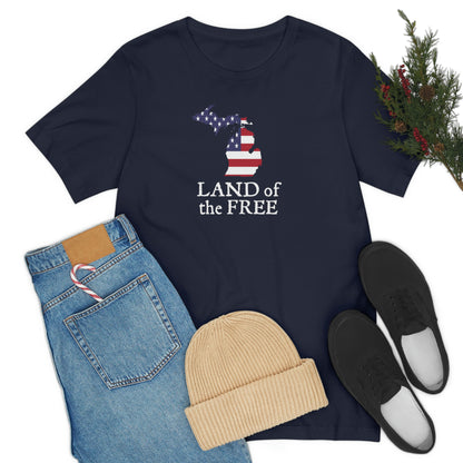 Michigan 'Land of the Free' T-Shirt (Patriot Font w/ MI USA Flag Outline) | Unisex Standard Fit