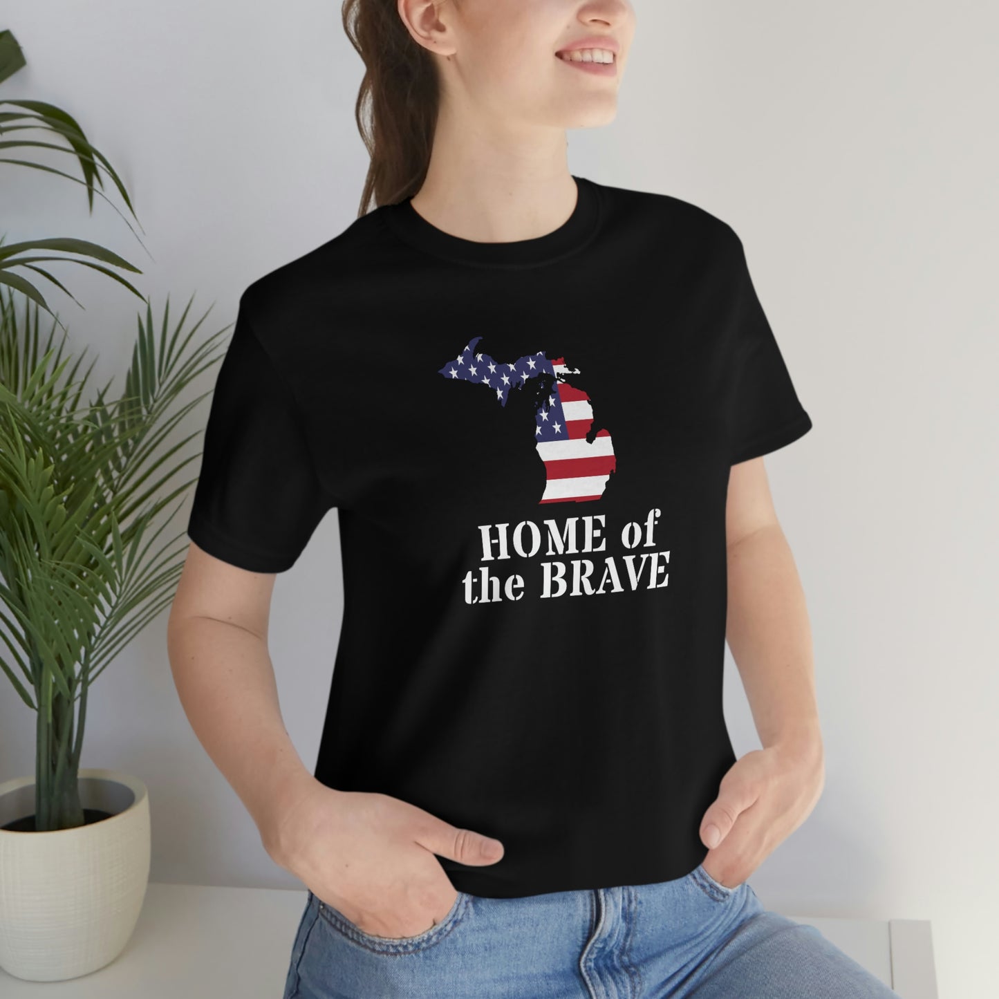 Michigan 'Home of the Brave' T-Shirt (Army Stencil Font w/ MI USA Outline) | Unisex Standard Fit