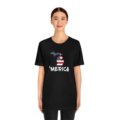 Michigan 'Merica' T-Shirt (Brush Font w/ MI USA Flag Outline) | Unisex Standard Fit