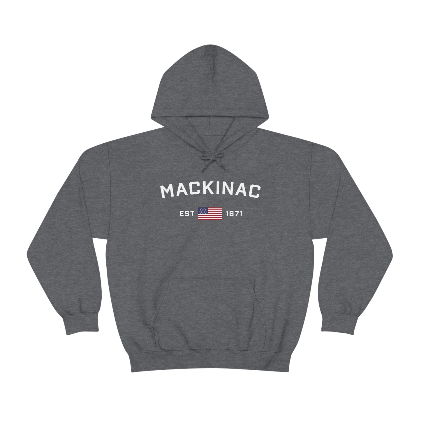 'Mackinac EST 1671' Hoodie (w/USA Flag Outline) | Unisex Standard