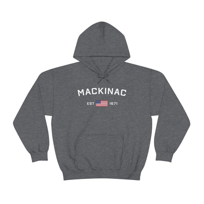 'Mackinac EST 1671' Hoodie (w/USA Flag Outline) | Unisex Standard