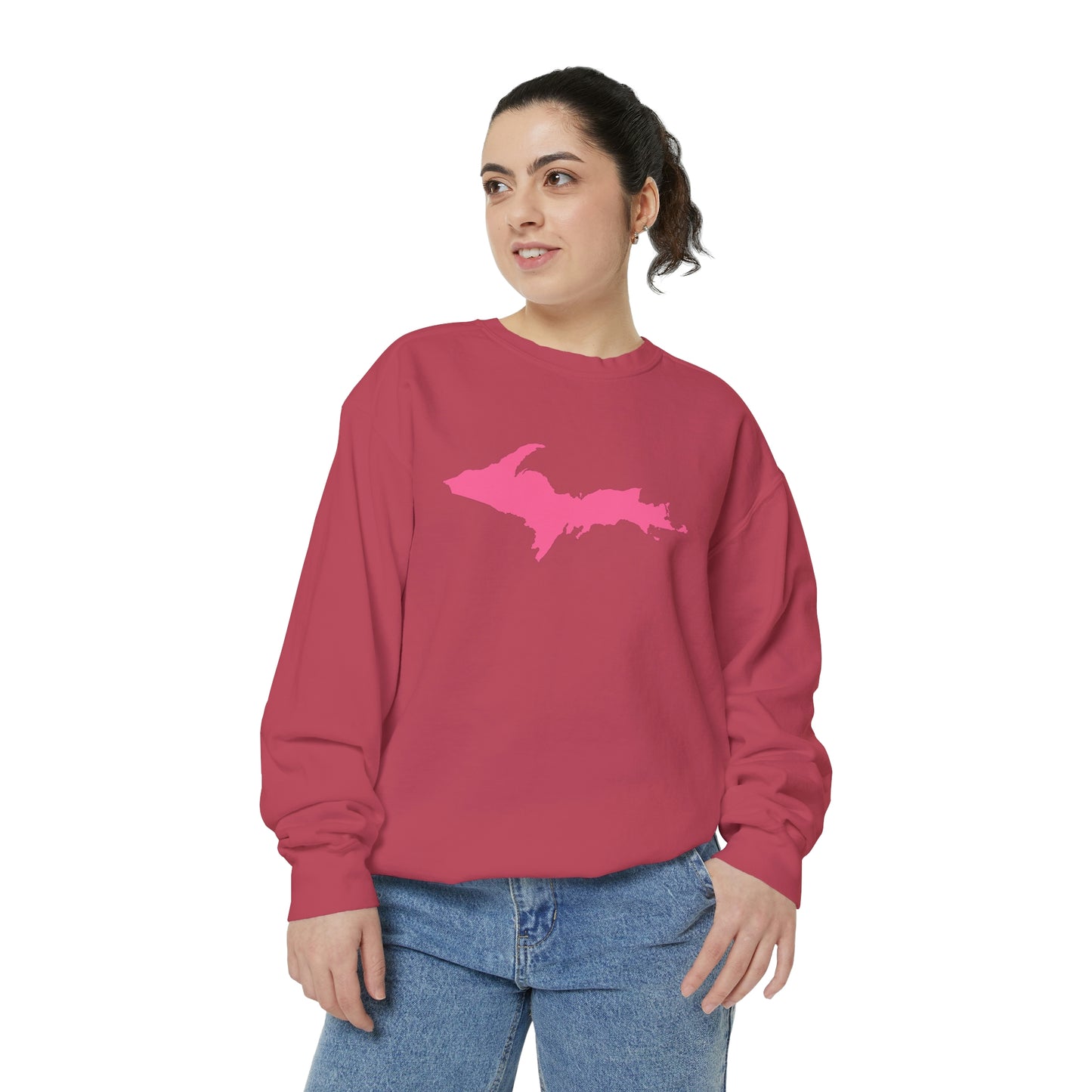 Michigan Upper Peninsula Sweatshirt (w/ Pink UP Outline) | Unisex Garment Dyed