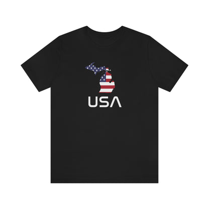 Michigan 'USA' T-Shirt (Space Agency Font w/ MI USA Flag Outline) | Unisex Standard Fit