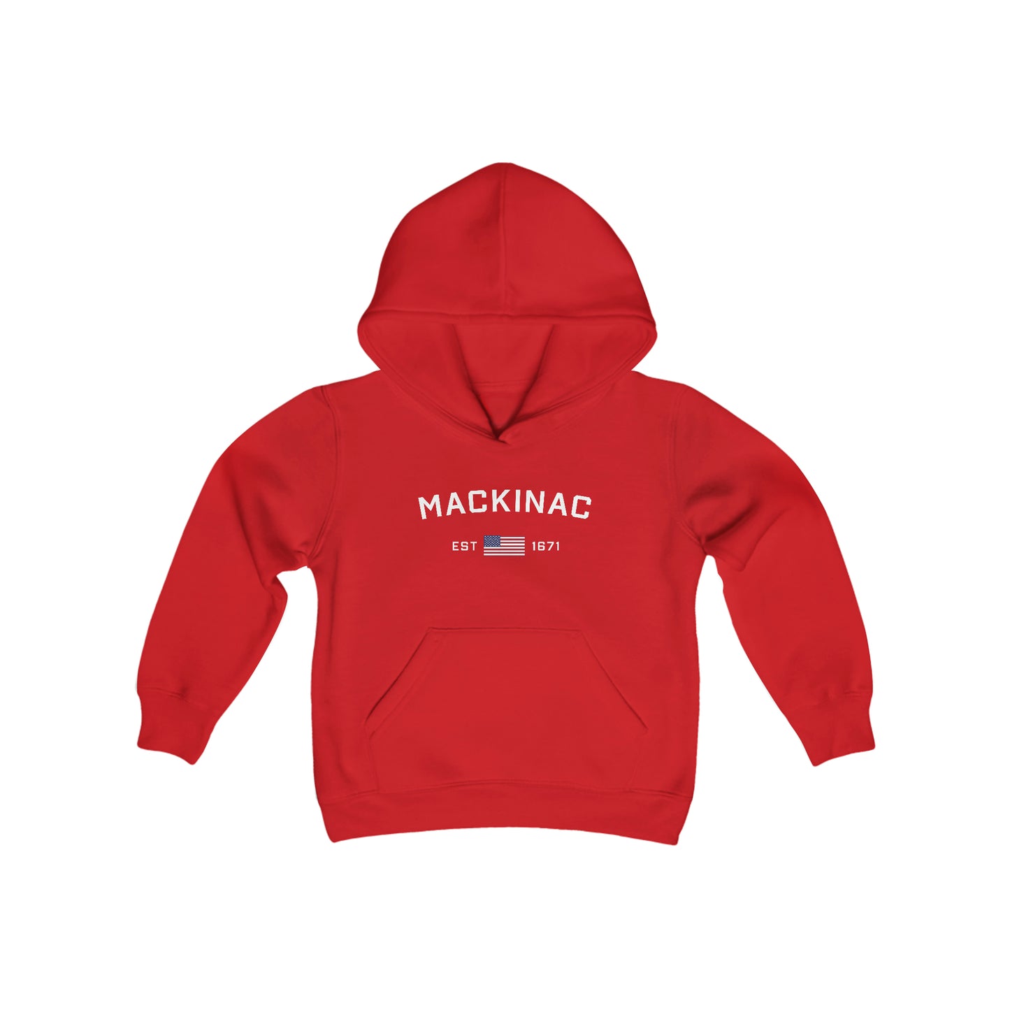 'Mackinac EST 1671' Hoodie (w/USA Flag Outline) | Unisex Youth