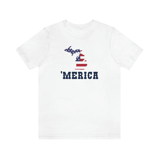 Michigan 'Merica' T-Shirt (Western Font w/ MI USA Flag Outline) | Unisex Standard Fit