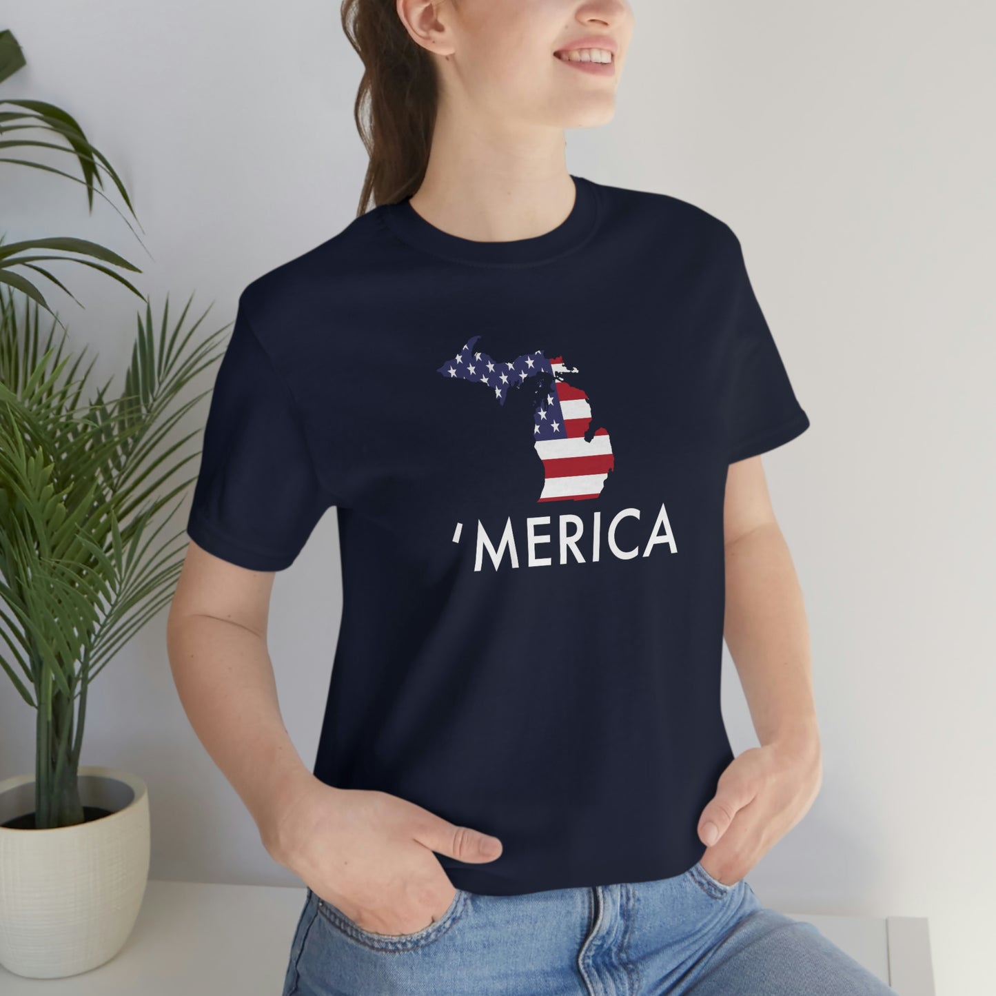 Michigan 'Merica' T-Shirt (Geometric Sans Font w/ MI USA Flag Outline) | Unisex Standard Fit