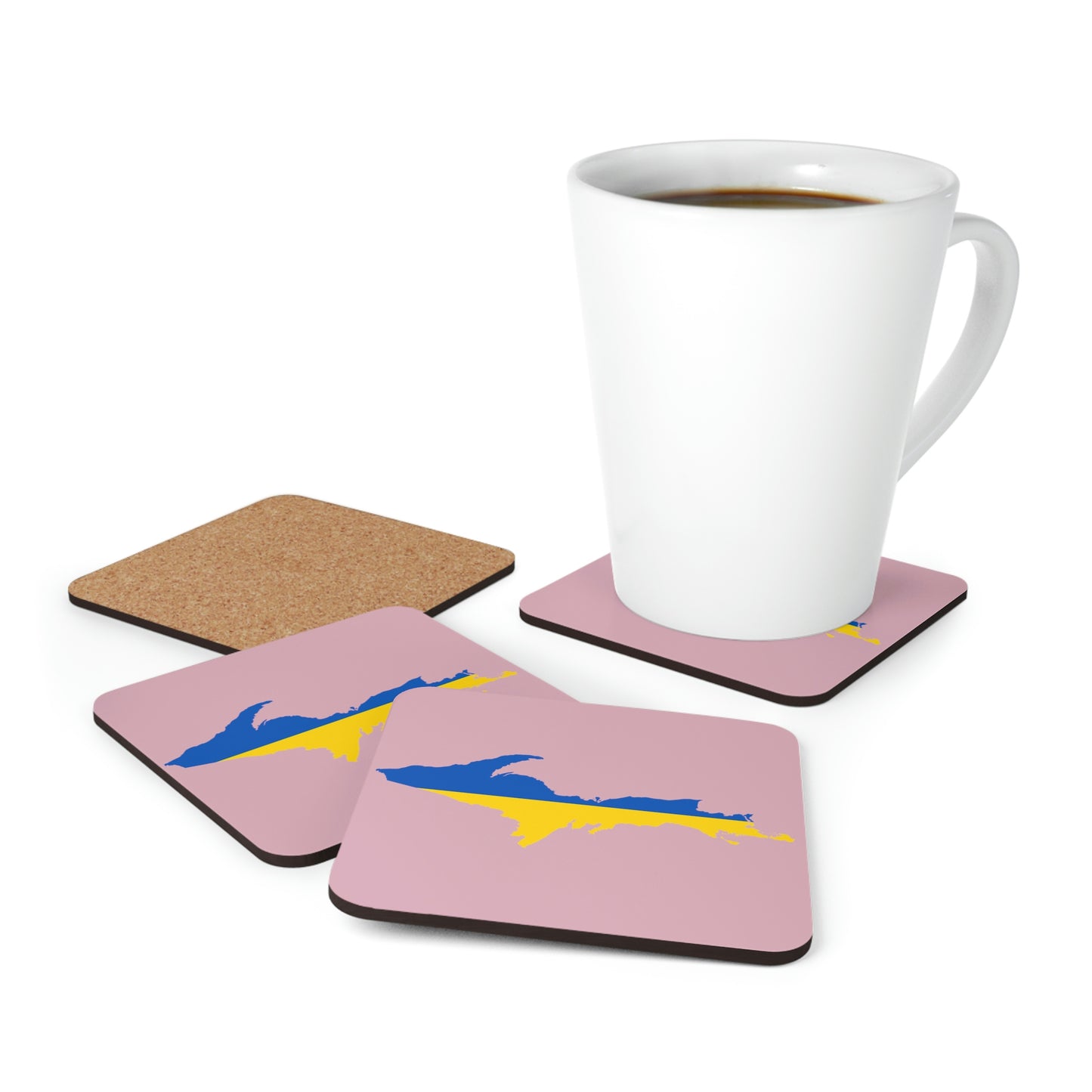 Michigan Upper Peninsula Coaster Set (Pink w/ UP Ukraine Flag Outline) | Corkwood - 4 pack