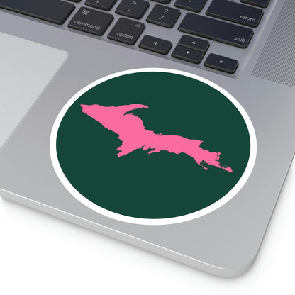 Michigan Upper Peninsula Round Stickers (Green w/ Pink UP Outline) | Indoor\Outdoor