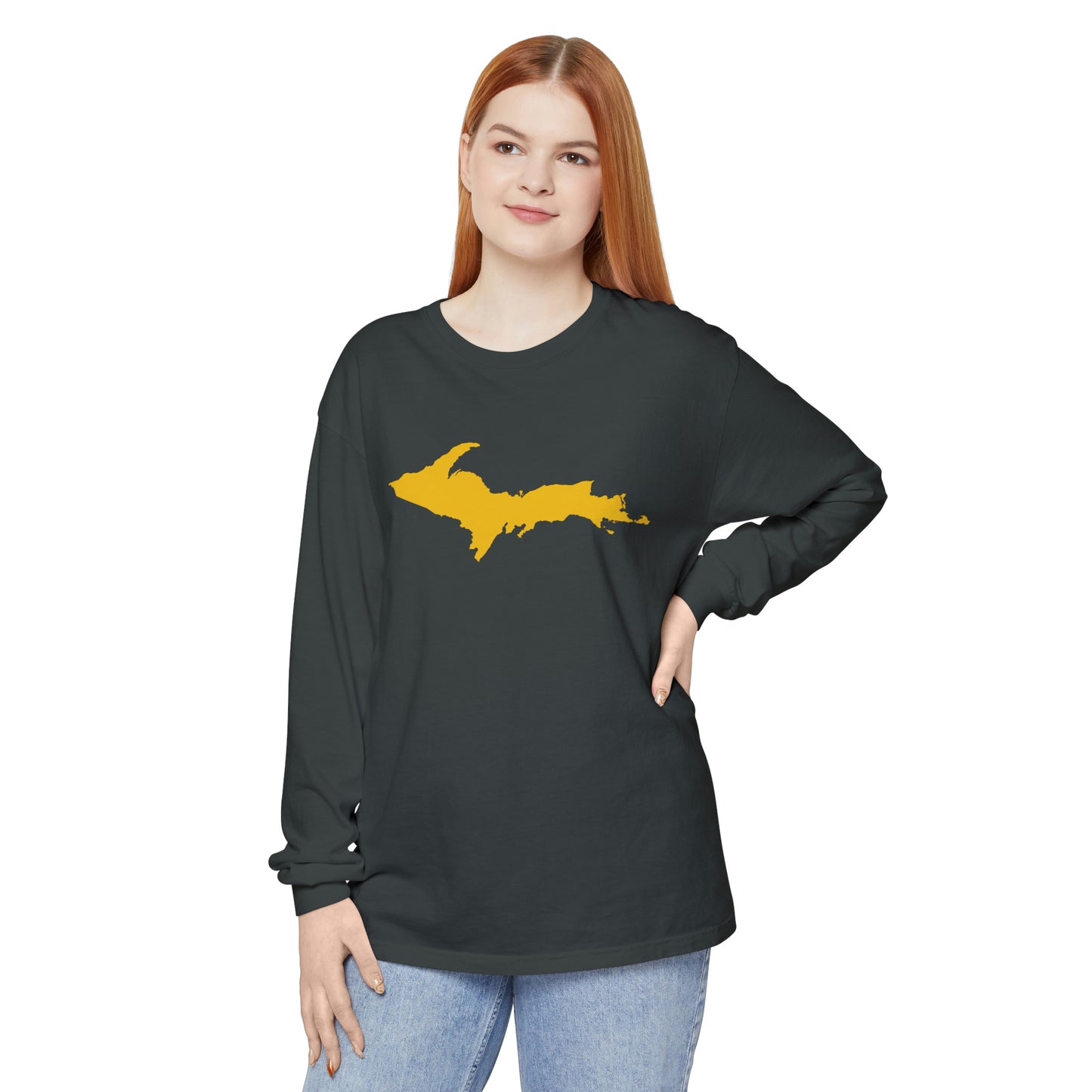 Michigan Upper Peninsula Garment-Dyed T-Shirt (w/ Gold UP Outline) | Unisex Long Sleeve